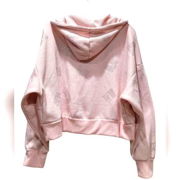 XL Pink Statement "NY" Hooded Zip-Up Fleece Cropped Jacket - Picture 3 of 6